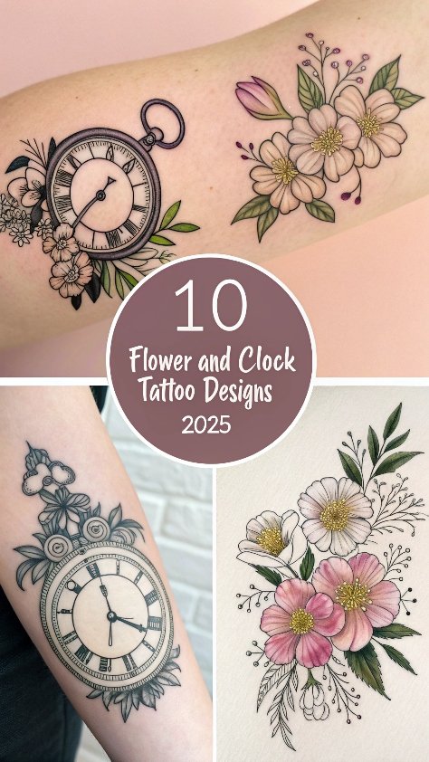 You are currently viewing 10 Flower and Clock Tattoo Designs 2025 and Amazing Symbolism